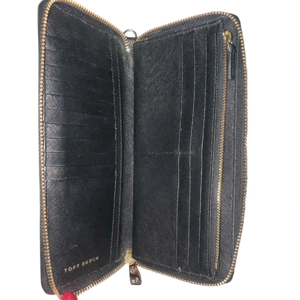 EUC Tory Burch Black Saffiano Leather Zip Around Long Wallet Gold Hardware